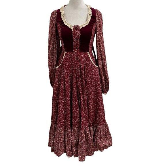 Vintage GUNNE SAX Jessica Calico Floral Velvet Bodice Long Sleeve Midi Dress 7 - Picture 1 of 12